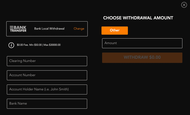 Bank transfer withdrawal form at King Johnnie Casino